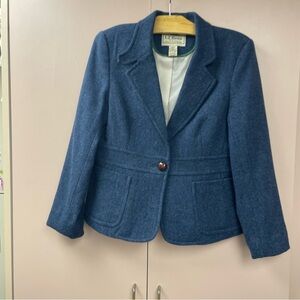 L.L. Bean Wool Herringbone Blazer Misses size 12 Blue Equestrian Preppy Jacket